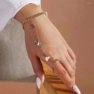 Strand Boho Butterfly Pendant Link Wrist Bracelet Women One-Piece Finger Ring Bangles Summer Ladies Gold Sliver Color Wristband Jewelry