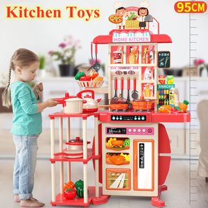 Kitchens Play Food 95cm Large Kids Play House Kitchen Set Spray Kitchen Girl Baby Mini Food Cooking Simulation Dining Table Toys Christmas Gifts 230520