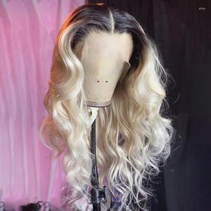 26inch Ombre Blonde Synthetic Lace Front For Women Black Roots Body Wave Glueless Natural Hairline Long