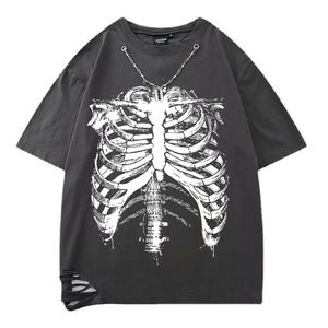 Homens camisetas Verão gótico esqueleto impressão com buraco de corrente homens casual algodão camiseta unisex respirável tees streetwear y2k roupas 230520