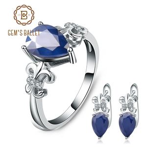 Sets GEM'S BALLET Hot Fine Jewelry Natural Blue Sapphire Gemstone Rings Clip Earrings Genuine 925 Sterling Silver Set For Women Gift