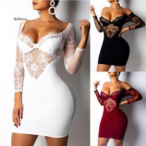 Kleid Frauen sexy Lace Patchwork Club Kleid Sommer lässige Rückenless Off SCHULTER ANTAGE PARTY CLUB LACK KIND Kurzes Festkleid heiß