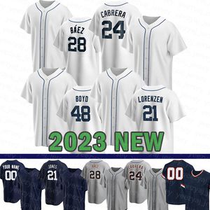 Nosić 2023 Koszulki baseballowe 24 Miguel Cabrera 28 Javier Baez 8 Matt Vierling Matthew Boyd Jonathan Schoop Tyler Alexander Austin Meadows 67 Cisnero Alex Wood