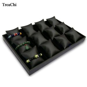 Scatole 12 Griglie Convenienza Vetrina per gioielli Espositore per bracciale rigido Scatola per cuscino Cuscino in velluto nero PU Vassoio porta orologio