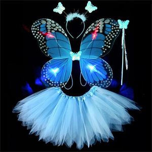 Crianças adultas 4pcs Fairy Fairy Set simulação LED Asas de borboleta apontadas saia tutu bandeira da cabeça da cabeça de princesa