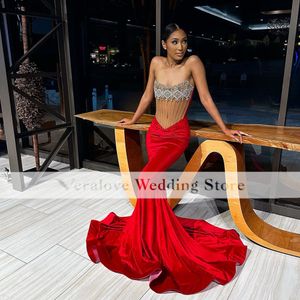 Sexig röd prom klänning sjöjungfru för svart tjej 2023 Stripless African Formal Gala Party Gown Robe Longue Mariage Soiree