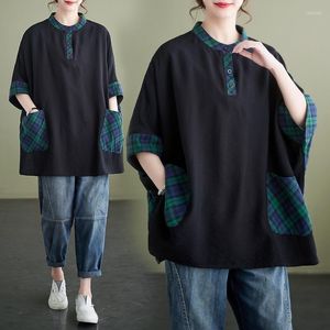 女性のブラウス中国語スタイルのバックル女性ビンテージフラワープリントシャツフォークフォークフォークリネンブラウス3クォータースリーブoネックカジュアルルーズ