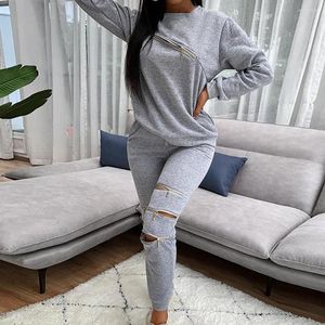 Women's Two Piece Pants 2 Pcs/Set Zipper Decor Pieces Set Thermal Pullover Autumn Top For Daily Wear