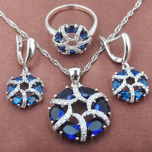 Set 2022 New Exquisite Blue Zirconia Set di gioielli in argento 925 da donna Collana con orecchini pendenti Anello TZ0443