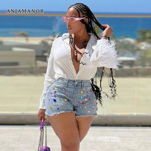 S Shorts ANJAMANOR Colorful Crystal Denim Booty Sexy Summer Clothes for Women High Waisted Cute Ripped Jean D43 DI33 230522