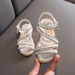 Sandálias de verão sapatos de garotas bead Mary Janes Flats Fling Princess Sapatos Baby Dance Sapatos infantis sandálias crianças sapatos de casamento rosa D238 230522