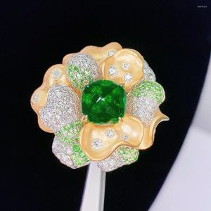 Klusterringar guild hjy ren 18k guld smycken 4.36ct gröna smaragd ädelstenar diamanter kvinnliga för kvinnor fina