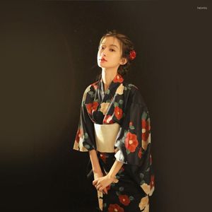 Etnik Giyim Elbiseleri Japon Geleneksel Kimono Kadınlar İçin Yukata Moda Çiçek Baskı Sasanqua Robe Vintage Obi Harajuku Geisha Kostümler