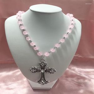 Pendant Necklaces Retro Court Rhinestone Big Cross Charm Pink Beaded Necklace Gothic Victorian Vampire Metal Jewelry Accessories