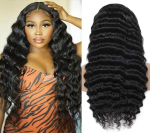 Kantpruiken 30 inch Maleisische losse Deep Wave Wig T deel voorkant menselijk haar voor zwarte vrouwen180 dichtheid 4x4 Curly Closure6202596