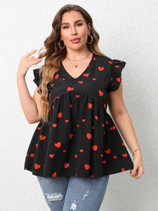 Женская футболка плюс размер Finjani Bed Heart Print Blouse 2023 VNECK Ruffle Trim Блузки летние повседневные футболки свободны и дышащие топы 230520