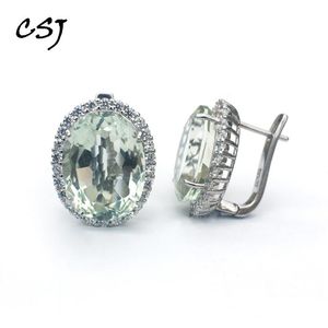 Stud CSJ Big Stone 19.5CT Real Natural Green Amethyst Earring Sterling 925 Silver Oval 12*16mm Fine SMEMELLY FÖR KVINNA LADY PASTY Gift