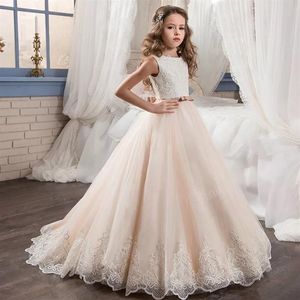 Elegant Flower Girls Dress Kids Long Maxi Lace Tulle Trailing Dress for Party Wedding Formal Girls Clothing Vestidos254q