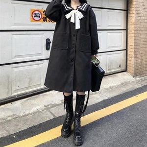 Misto lana da donna Inverno Preppy Style Sweet Girl Cappotto di lana Kawaii Colletto da marinaio Carino Drop-shoulder Tenere al caldo Addensare Sciolto Nero Lungo