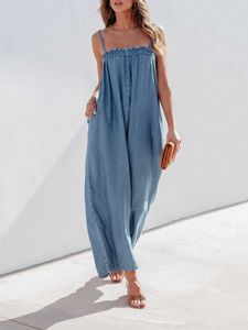 Women's Jumpsuits Rompers Women's casual blue denim one-piece jumpsuit summer loose wide leg pants bib sleeve fashion pocket sleeveless shoulder strap sleeve P230522