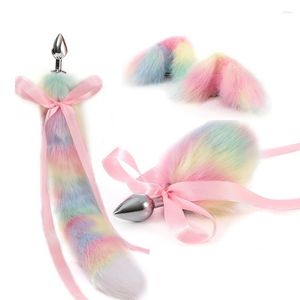 Sex Toys For Couples Rainbow Metal Small Headband Pink Silk Tail Ball Anal Bead Buplug Set Toy Cosplay Game Men Women