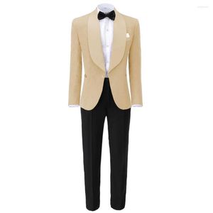 Men's Suits High Quality Men Shawl Lapel Man Pattern Champagne Groom Tuxedos Wedding Groomsman 2 Pieces (Jacket Pants) E396