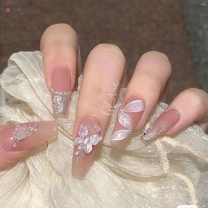 False Nails 24pcs Pearl Decorated White Butterfly Flower Decor Fake For Manicure Set Fairy Girl Bride Artificial Nail Tips