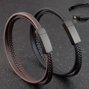 Bracelets de charme Jiayiqi Pulseira de couro trançada de camada dupla para homens preto/marrom boneco de jóias masculinas Design simples presente de homens