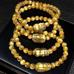 Bangles Natural Gold Rutilated Titanium Quartz Woman Men Bracelet Pi Xiu Pendant 6mm 7mm 8mm 9mm Clear Round Beads Brazil AAAAAAA