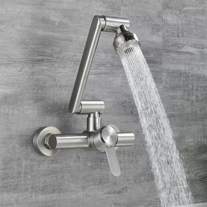 Kitchen Faucets Brushed Nickel Wall Mounted Cold Water Sink Faucet One Handle With 2/4 Mode Sprayer Foldable Rotatable Tap