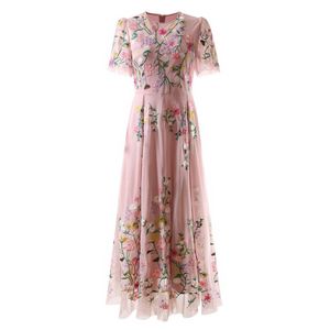 Summer Pink Floral Embroidery Tulle Dress Short Sleeve Round Neck Panelled Long Maxi Casual Dresses S3M160316 Plus Size XXL