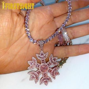 Necklaces Rose Gold Pink Snowflake Pendant Necklace 5MM CZ Tennis Micro Pave Iced Out Cubic Zirconi Hip Hop Choker Women Fashion Jewelry