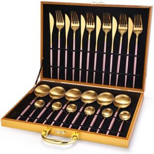 Servis uppsättningar luxe rvs 24 stuk ek set gouden mes vork en lepel bento houten doos etikett keuken accessoires geschenkdoos