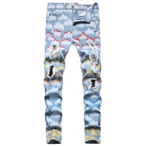 Men's Jeans Men's printed jeans patchwork torn stretch denim ultra-thin straight pants blue sky white clouds painted Trojan horses P230522