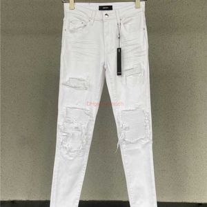 Дизайнерская одежда Amire Джинсы Джинсовые штаны Amies Hole Patch White Jeans Mens Youth High Street Trend Trend Elaming Elastic Blous