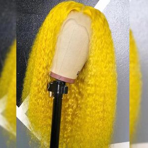 Parte anteriore in pizzo sintetico riccio crespo lungo 30 pollici per cosplay di linea sottile naturale afro femminile giallo