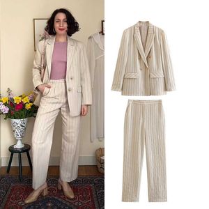 Completi da donna Blazer Nuovi pantaloni set Moda a righe larghe vestibilità sottile cappotto da ufficio da donna primavera set pantaloni a gamba larga a vita alta da strada Set da 2 pezzi P230522