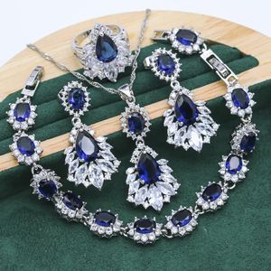 Collana squisita blu rosso cristallo set di gioielli in argento 925 per donne braccialetto orecchini collana pendente anello gioielli da sposa 4 pezzi