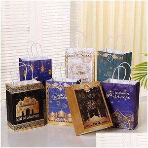 その他のお祝いのパーティー用品Eid Mubarak Paper Bags Kraft Ramadanギフトバッグ