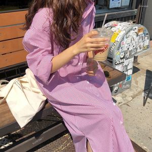 Abiti casual HOUZHOU camicia a maniche lunghe a righe donna moda coreana oversize vintage estetica prendisole spiaggia Midi Harajuku