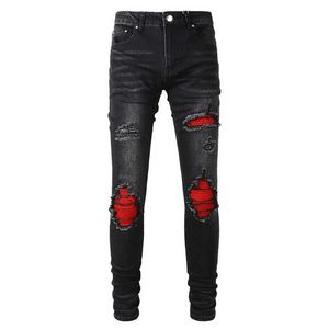 Mäns jeans män spruckna röda veckade lapp cykel jeans gata kläd patch arbete elastiska denim byxor täta avsmalnande svarta byxor p230522