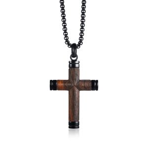 Necklaces Black Color Cross Pendant Necklace Jewelry for Men Boy Best Gift Real Wood Inlay Stainless Steel Neck Chain New Arrival