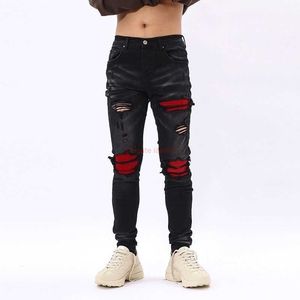 Designer Clothing Amires Jeans Denim Pants High Street Fashion Brand New Amies Fashion Handsome Black Red Fleece Patch Hole Slim Fit Jeans Mens Pants Distressed Ripp
