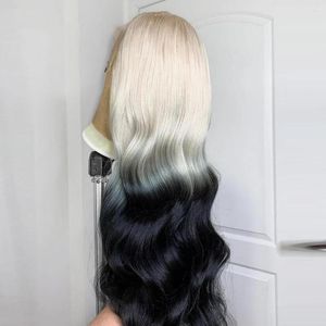 Wavy 60 Platinum Blonde To Black Ombre Colored Synthetic Lace Front Pre Plucked Natural Hairline Frontal For Women