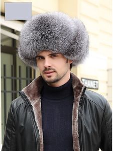 Mäns naturliga räv päls hatt äkta fårskinn öronmuffs kepsar vinter varma huvudbonader naturliga silver räv