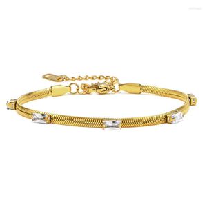 Bracelets de charme Pulseira verde de aço inoxidável brilhante para mulheres jóias de zircão de cristal Presente de corrente de ouro ajustável 18k