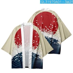 Ethnische Kleidung Traditionelle japanische Welle Sonne Brid gedruckt Kimono Strand Shorts Strickjacke Yukata Paar Frauen Männer Streetwear