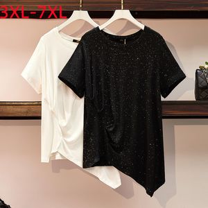 T-shirt taglie forti da donna Top estivi per donna T-shirt grande manica corta sciolto paillettes in cotone bianco nero 3XL 4XL 5XL 6XL 7XL 230520