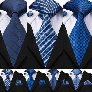 Neck Ties Business Classic Blue Black Striped Solid Tie For Men 3.4" Brand Necktie Pocket Square Cufflinks Wedding Party Silk Set1