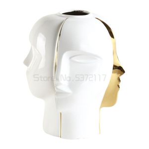 Vases Creative Ceramic Head Vase White Multi-faceted Face Deco Golden Figure Sculpture Crafts Table Flower Arrangement Home